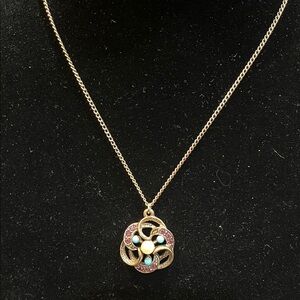 Vintage Signed Emmons GoldenOpenwork Pendant Necklace- Pearl,Multi-Stone Accents